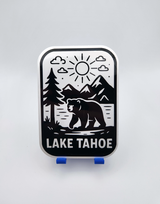 Lake Tahoe Bear Sticker - Black and White Forest, Mountain & Lake Bear Scene
