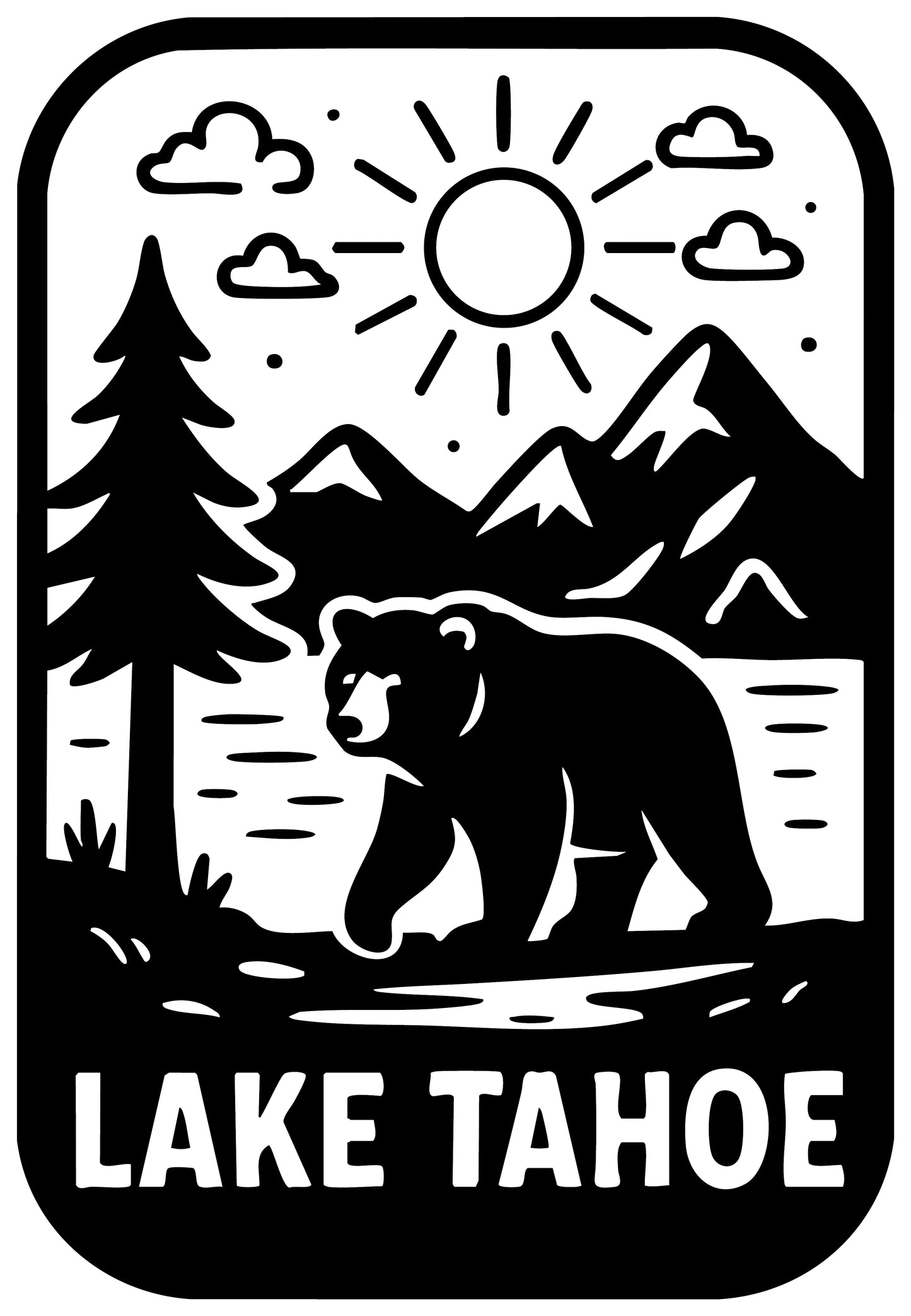 Lake Tahoe Bear Sticker - Black and White Forest, Mountain & Lake Bear Scene