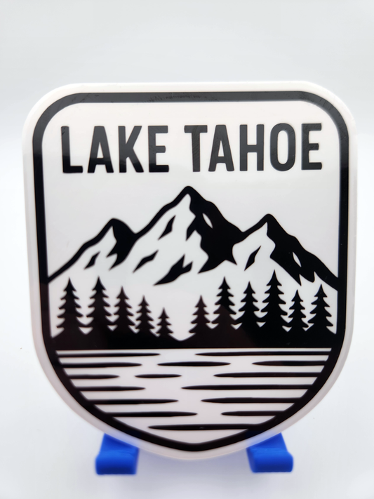 Lake Tahoe Mountain Sticker - Badge - Black and White Forest & Lake Scene