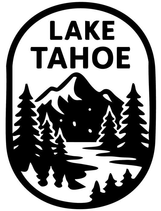 Lake Tahoe Mountain Sticker - Black and White Forest, Mountain & Lake Scene