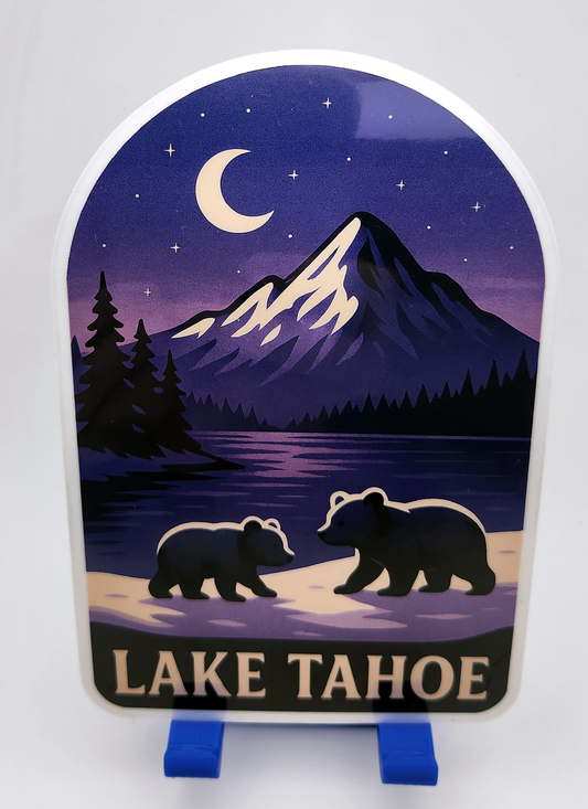 Lake Tahoe Bear Cubs Sticker - Purple Nighttime Bear Cub Lake Scene