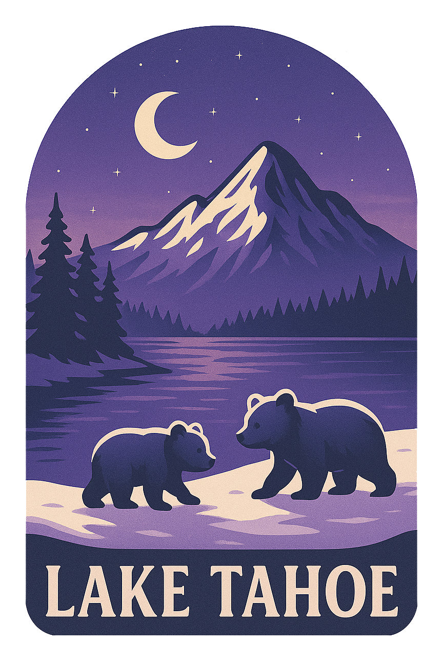 Lake Tahoe Bear Cubs Sticker - Purple Nighttime Bear Cub Lake Scene