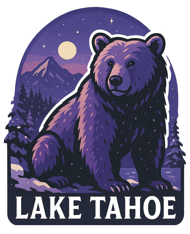 Lake Tahoe Bear Sticker - Purple Nighttime Bear Lake Scene