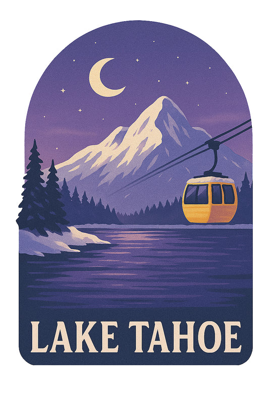 Lake Tahoe Winter Gondola Sticker - Purple Nighttime Snowy Gondola Lake Scene