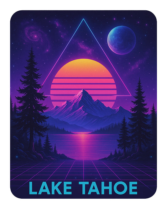Lake Tahoe Retro Synthwave Sticker - Retro 80s Trippy Space Lake Scene