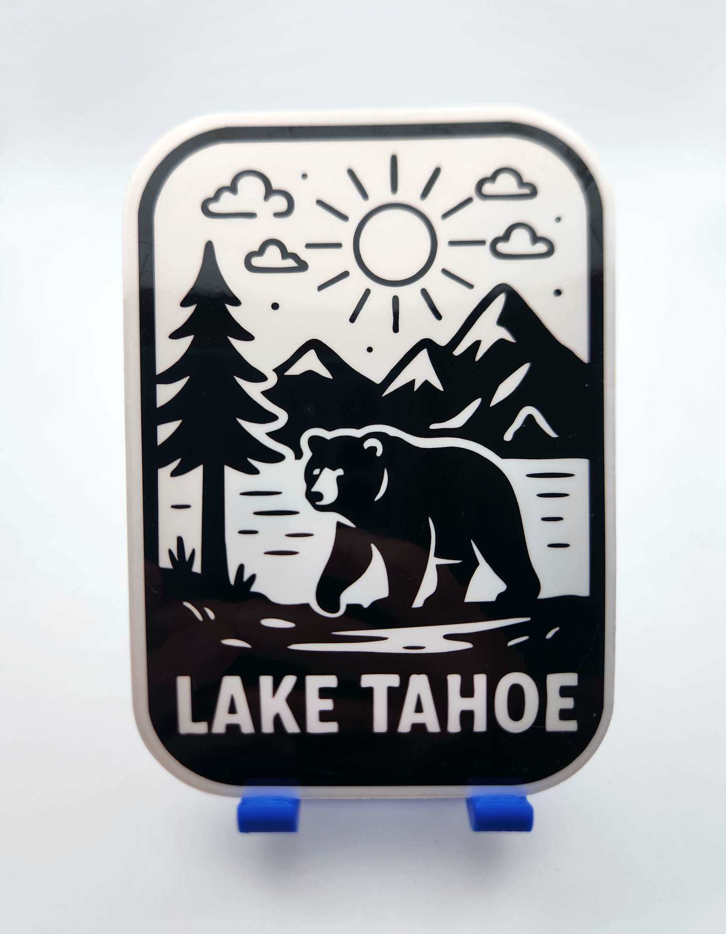 Lake Tahoe Bear Sticker - Black and White Forest, Mountain & Lake Bear Scene