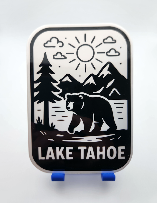 Lake Tahoe Bear Sticker - Black and White Forest, Mountain & Lake Bear Scene