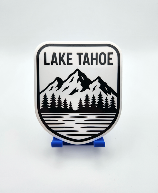 Lake Tahoe Mountain Sticker - Badge - Black and White Forest & Lake Scene
