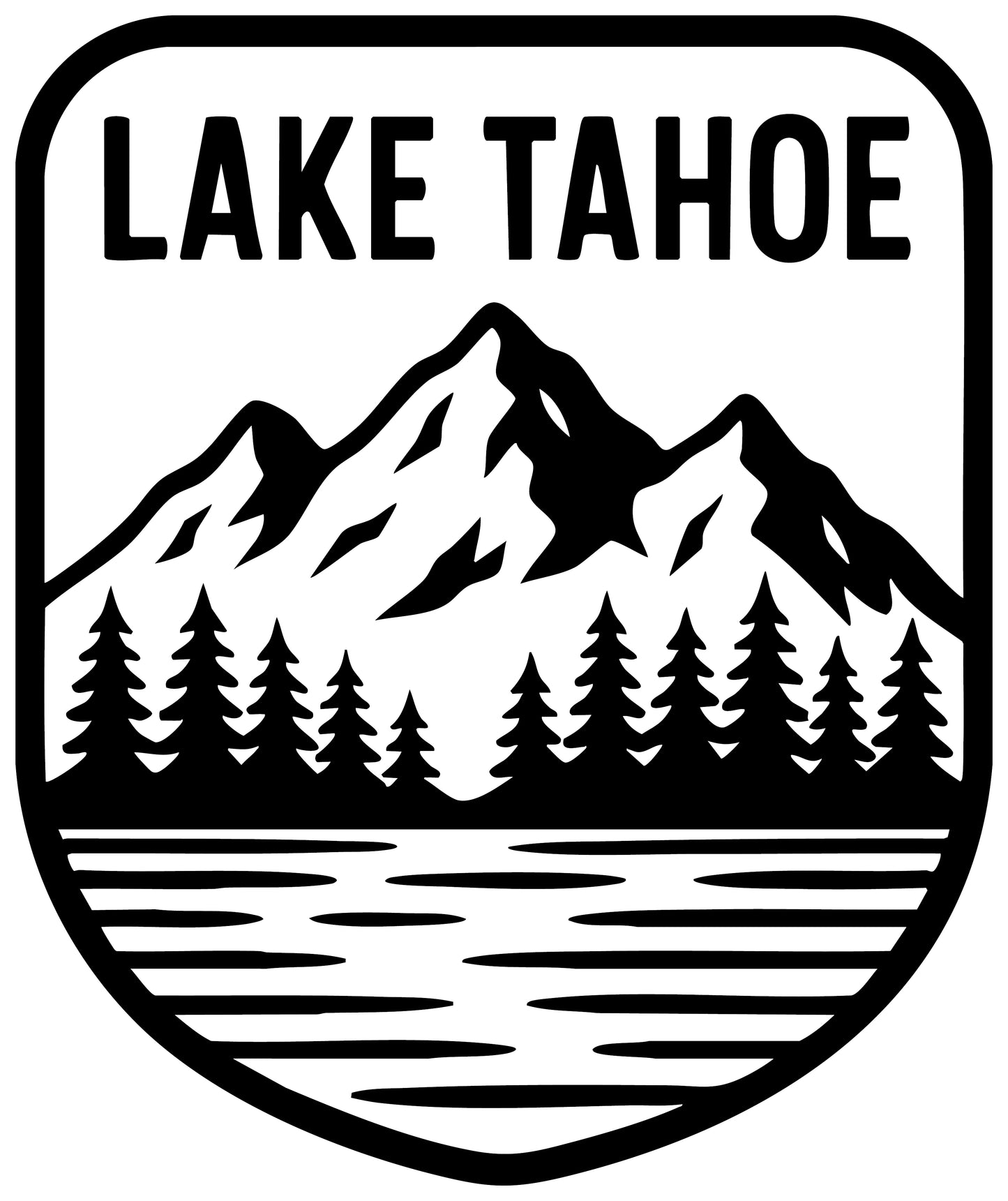 Lake Tahoe Mountain Sticker - Badge - Black and White Forest & Lake Scene