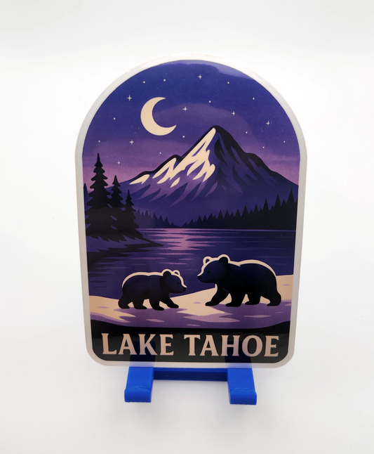 Lake Tahoe Bear Cubs Sticker - Purple Nighttime Bear Cub Lake Scene