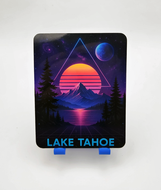Lake Tahoe Retro Synthwave Sticker - Retro 80s Trippy Space Lake Scene